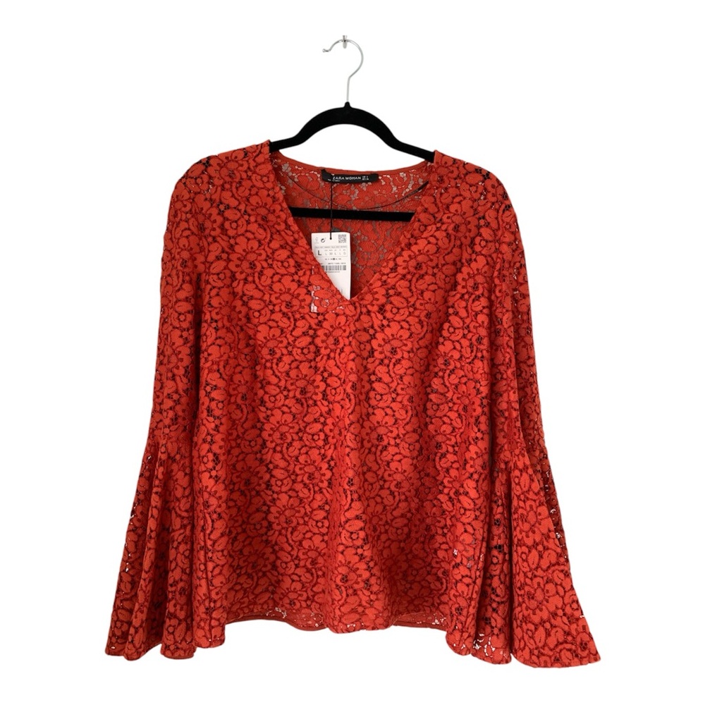 Zara Burnt Orange Cutout Lace Bell Sleeve Top Women Sz L Boho Bright Floral‎ NWT